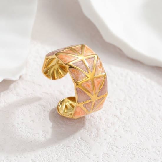 Picture of Wholesale Women's Gift Geometric Orange Enamel Open Rings, 18K Gold Plated 304 Stainless Steel, PVD Vacuum Plating Ins Style Stylish Jewelry Supply, 18mm(US Size 7.75), 1 Piece