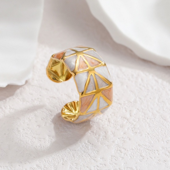 Picture of Wholesale Women's Gift Geometric Gray Enamel Open Rings, 18K Gold Plated 304 Stainless Steel, PVD Vacuum Plating Ins Style Stylish Jewelry Supply, 18mm(US Size 7.75), 1 Piece