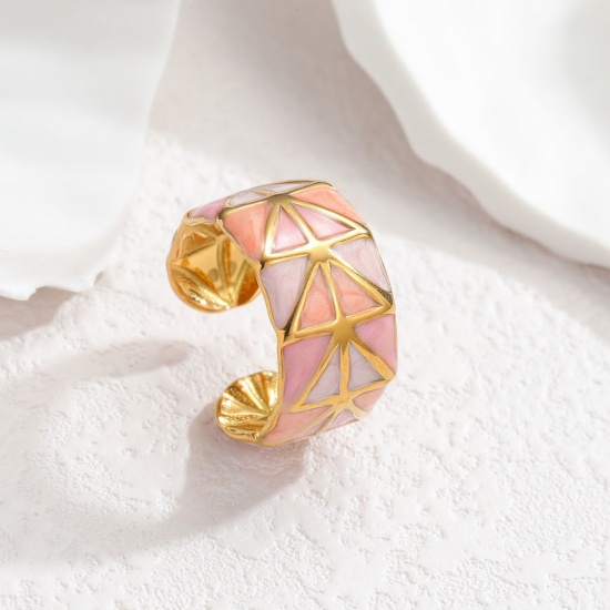 Picture of Wholesale Women's Gift Geometric Pink Enamel Open Rings, 18K Gold Plated 304 Stainless Steel, PVD Vacuum Plating Ins Style Stylish Jewelry Supply, 18mm(US Size 7.75), 1 Piece