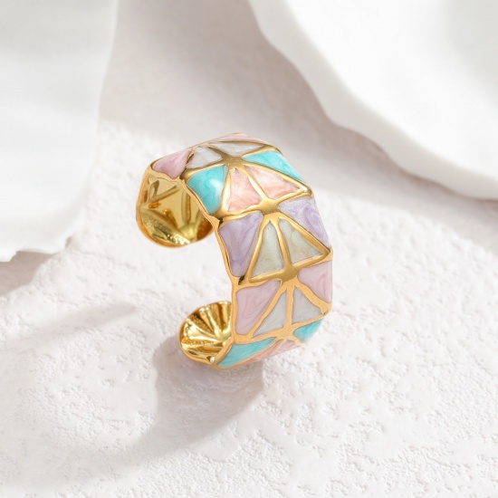 Picture of Wholesale Women's Gift Geometric Multicolor Enamel Open Rings, 18K Gold Plated 304 Stainless Steel, PVD Vacuum Plating Ins Style Stylish Jewelry Supply, 18mm(US Size 7.75), 1 Piece