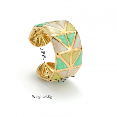 Picture of Wholesale Women's Gift Geometric Green Enamel Open Rings, 18K Gold Plated 304 Stainless Steel, PVD Vacuum Plating Ins Style Stylish Jewelry Supply, 18mm(US Size 7.75), 1 Piece