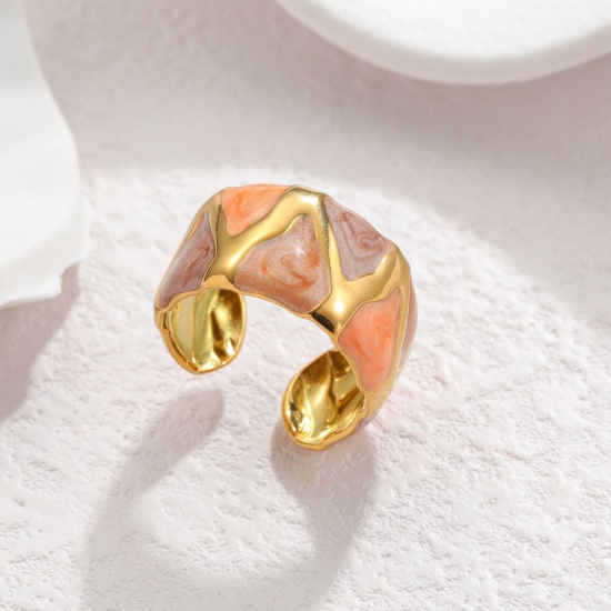 Picture of Wholesale Women's Gift Geometric Orange Open Rings, 18K Gold Plated 304 Stainless Steel, PVD Vacuum Plating Ins Style Stylish Jewelry Supply, 16mm(US size 5.25), 1 Piece