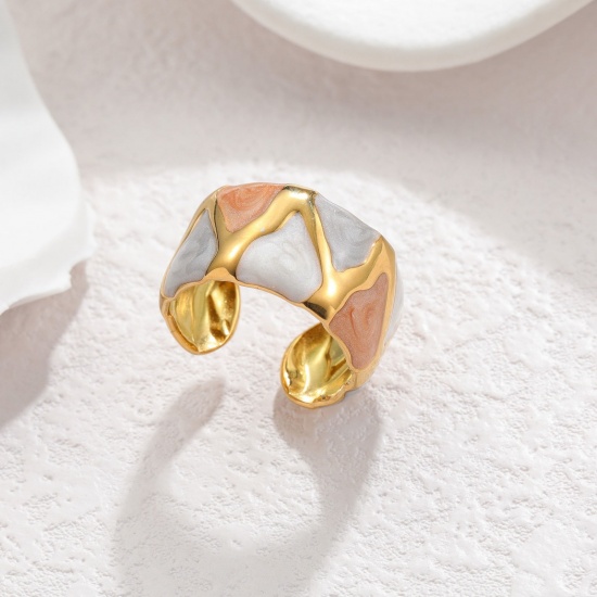 Picture of Wholesale Women's Gift Geometric Gray Open Rings, 18K Gold Plated 304 Stainless Steel, PVD Vacuum Plating Ins Style Stylish Jewelry Supply, 16mm(US size 5.25), 1 Piece