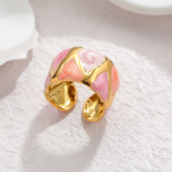 Picture of Wholesale Women's Gift Geometric Pink Open Rings, 18K Gold Plated 304 Stainless Steel, PVD Vacuum Plating Ins Style Stylish Jewelry Supply, 16mm(US size 5.25), 1 Piece