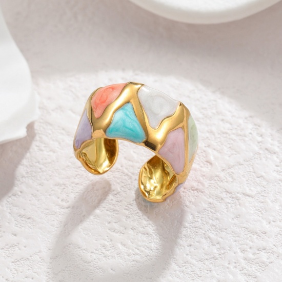 Picture of Wholesale Women's Gift Geometric Multicolor Open Rings, 18K Gold Plated 304 Stainless Steel, PVD Vacuum Plating Ins Style Stylish Jewelry Supply, 16mm(US size 5.25), 1 Piece