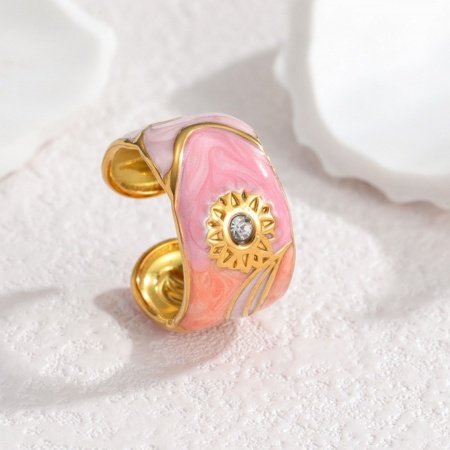 Picture of Wholesale Women's Gift Sunflower Pink Enamel Open Rings, 18K Gold Plated 304 Stainless Steel, PVD Vacuum Plating Ins Style Stylish Jewelry Supply, 17mm(US Size 6.5), 1 Piece