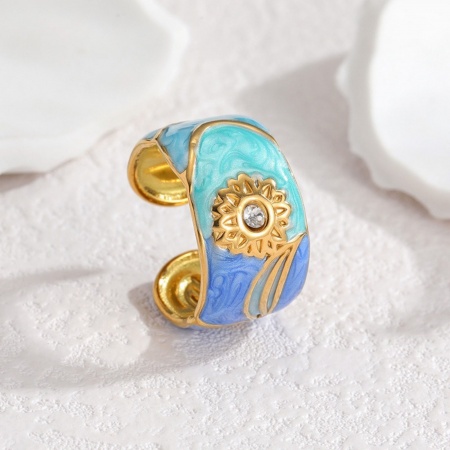 Picture of Wholesale Women's Gift Sunflower Blue Enamel Open Rings, 18K Gold Plated 304 Stainless Steel, PVD Vacuum Plating Ins Style Stylish Jewelry Supply, 17mm(US Size 6.5), 1 Piece