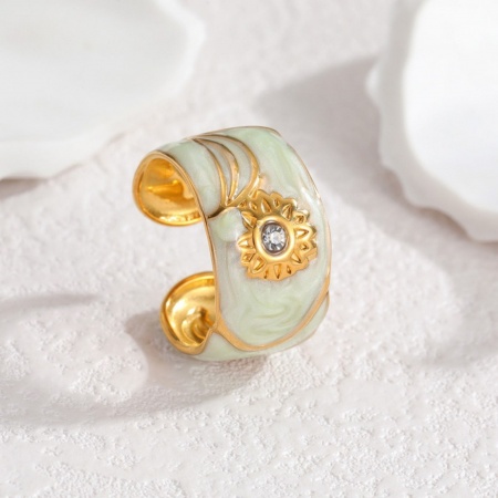 Bild von Großhandel Frauen Geschenk Sonnenblume Hellgrün Emaille Offen Ring, 18K Vergoldet 304 Edelstahl, PVD-Vakuumbeschichtung Ins Stil Stilvoll Schmuckbedarf, 17mm (US Größe 6.5), 1 Stück