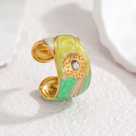 Picture of Wholesale Women's Gift Sunflower Green Enamel Open Rings, 18K Gold Plated 304 Stainless Steel, PVD Vacuum Plating Ins Style Stylish Jewelry Supply, 17mm(US Size 6.5), 1 Piece