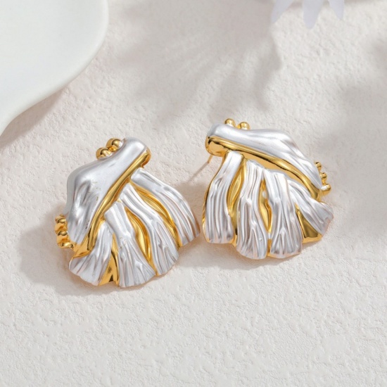 Picture of Wholesale Ins Style Stylish Ear Post Stud Earrings, Leaf White Painted 18K Gold Plated 304 Stainless Steel, Women's PVD Vacuum Plating Gift Jewelry Supply, 3.9cm x 3.7cm, 1 Pair