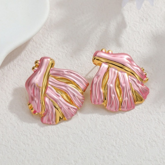 Picture of Wholesale Ins Style Stylish Ear Post Stud Earrings, Leaf Pink Painted 18K Gold Plated 304 Stainless Steel, Women's PVD Vacuum Plating Gift Jewelry Supply, 3.9cm x 3.7cm, 1 Pair