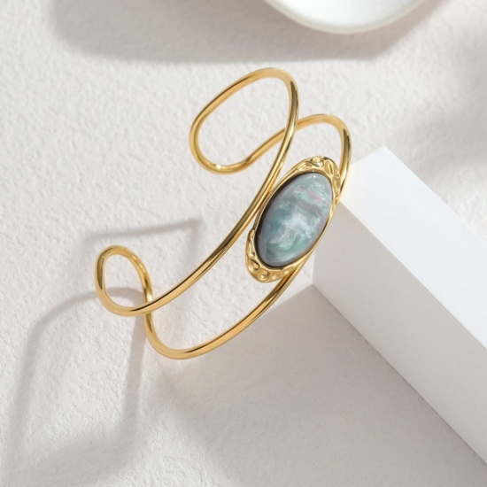 Picture of Wholesale Gray With Synthetic Gemstone Cabochons 304 Stainless Steel Open Cuff Bangles Bracelets, 18K Gold Plated PVD Vacuum Plating, Women's Exquisite Stylish Gift Jewelry Supply, 6.5cm Dia., 1 Piece
