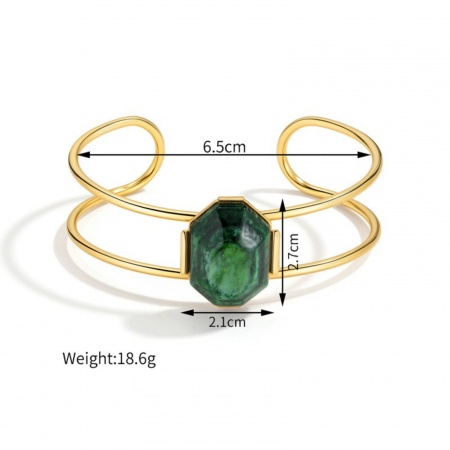 Picture of Wholesale Dark Green With Synthetic Gemstone Cabochons 304 Stainless Steel Open Cuff Bangles Bracelets, 18K Gold Plated PVD Vacuum Plating, Women's Exquisite Stylish Gift Jewelry Supply, 6.5cm Dia., 1 Piece