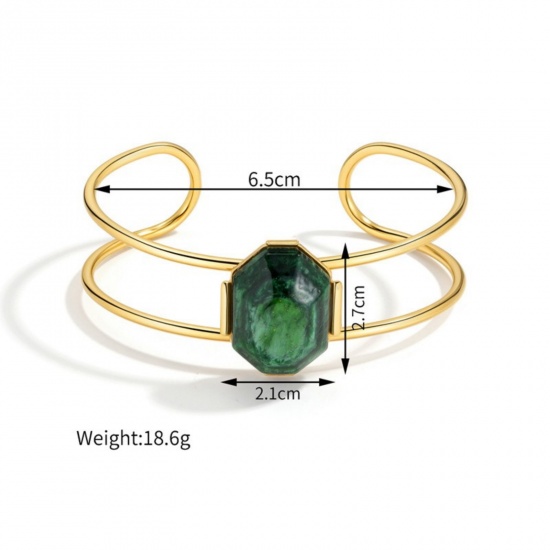 Picture of Wholesale Dark Green With Synthetic Gemstone Cabochons 304 Stainless Steel Open Cuff Bangles Bracelets, 18K Gold Plated PVD Vacuum Plating, Women's Exquisite Stylish Gift Jewelry Supply, 6.5cm Dia., 1 Piece