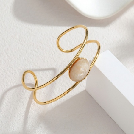 Picture of Wholesale Creamy-White With Synthetic Gemstone Cabochons 304 Stainless Steel Open Cuff Bangles Bracelets, 18K Gold Plated PVD Vacuum Plating, Women's Exquisite Stylish Gift Jewelry Supply, 6.5cm Dia., 1 Piece