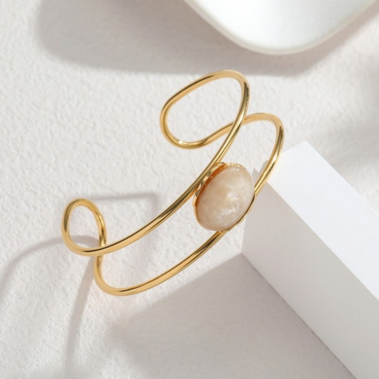 Picture of Wholesale Creamy-White With Synthetic Gemstone Cabochons 304 Stainless Steel Open Cuff Bangles Bracelets, 18K Gold Plated PVD Vacuum Plating, Women's Exquisite Stylish Gift Jewelry Supply, 6.5cm Dia., 1 Piece