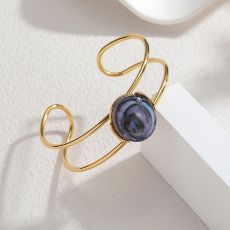 Picture of Wholesale Blue Violet With Synthetic Gemstone Cabochons 304 Stainless Steel Open Cuff Bangles Bracelets, 18K Gold Plated PVD Vacuum Plating, Women's Exquisite Stylish Gift Jewelry Supply, 6.5cm Dia., 1 Piece