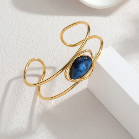 Picture of Wholesale Dark Blue With Synthetic Gemstone Cabochons 304 Stainless Steel Open Cuff Bangles Bracelets, 18K Gold Plated PVD Vacuum Plating, Women's Exquisite Stylish Gift Jewelry Supply, 6.5cm Dia., 1 Piece