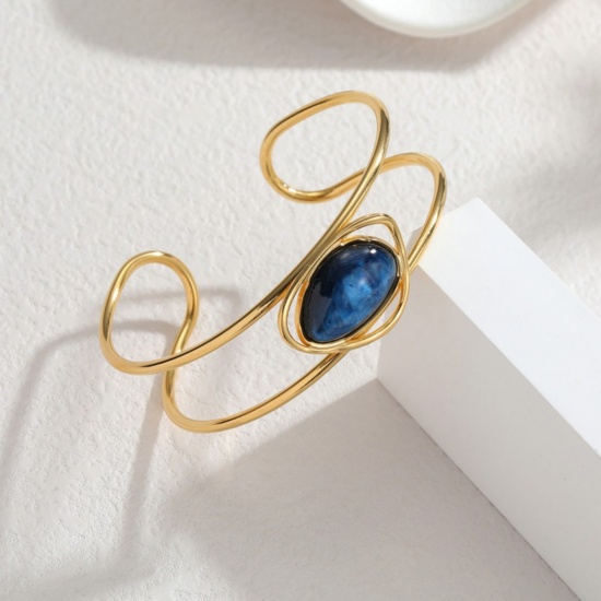 Picture of Wholesale Dark Blue With Synthetic Gemstone Cabochons 304 Stainless Steel Open Cuff Bangles Bracelets, 18K Gold Plated PVD Vacuum Plating, Women's Exquisite Stylish Gift Jewelry Supply, 6.5cm Dia., 1 Piece