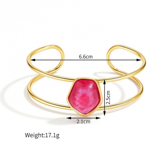 Picture of Wholesale Fuchsia With Synthetic Gemstone Cabochons 304 Stainless Steel Open Cuff Bangles Bracelets, 18K Gold Plated PVD Vacuum Plating, Women's Exquisite Stylish Gift Jewelry Supply, 6.5cm Dia., 1 Piece