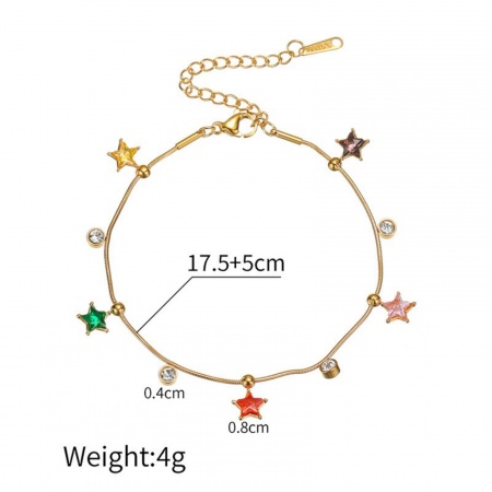 Picture of Wholesale Pentagram Star Multicolour Cubic Zirconia Bracelets, 18K Gold Plated 304 Stainless Steel Women's PVD Vacuum Plating Ins Style Stylish Gift Jewelry For Retailer, 17.5cm(6.9") + 5cm(2") long, 1 Piece