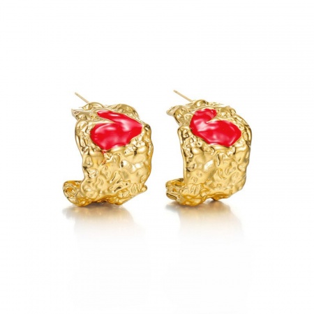 Picture of Wholesale Valentine's Day Stylish Ear Post Stud Earrings, C Shaped Heart Red Enamel 18K Gold Plated 304 Stainless Steel, Women's PVD Vacuum Plating Gift Jewelry Supply, 21mm x 18mm, 1 Pair