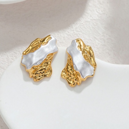 Immagine di Squisito Elegante Orecchini a Perno All'Ingrosso, Bianco Pittura Placcato Oro 18K 304 Acciaio Inossidabile, Donne Placcatura Sottovuoto PVD Regalo Fornitura di Gioielli, 27mm x 20mm, 1 Paio