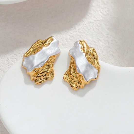 Picture of Wholesale Exquisite Stylish Ear Post Stud Earrings, White Painted 18K Gold Plated 304 Stainless Steel, Women's PVD Vacuum Plating Gift Jewelry Supply, 27mm x 20mm, 1 Pair