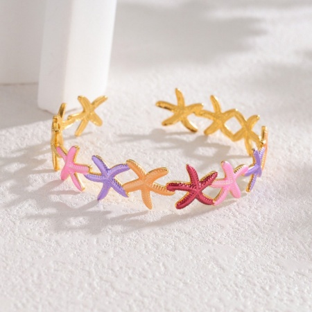 Picture of Wholesale Starfish Multicolor Painted 304 Stainless Steel Open Cuff Bangles Bracelets, 18K Gold Plated PVD Vacuum Plating, Women's Ocean Jewelry Stylish Gift Jewelry Supply, 5.9cm Dia., 1 Piece