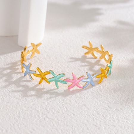 Picture of Wholesale Starfish Multicolor Painted 304 Stainless Steel Open Cuff Bangles Bracelets, 18K Gold Plated PVD Vacuum Plating, Women's Ocean Jewelry Stylish Gift Jewelry Supply, 5.9cm Dia., 1 Piece