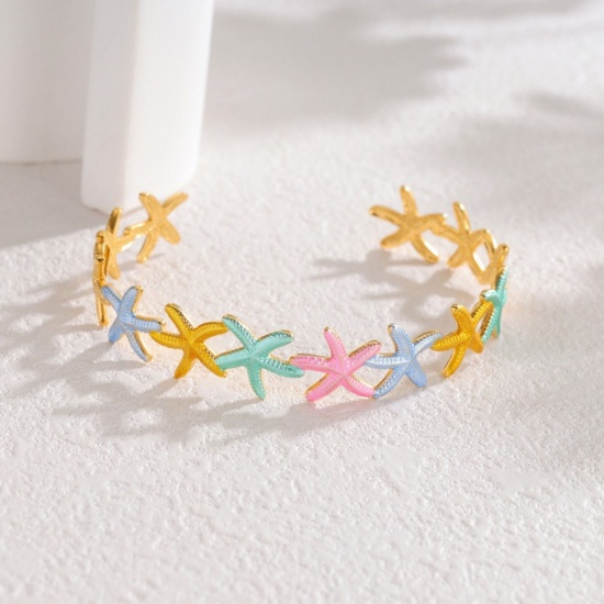 Picture of Wholesale Starfish Multicolor Painted 304 Stainless Steel Open Cuff Bangles Bracelets, 18K Gold Plated PVD Vacuum Plating, Women's Ocean Jewelry Stylish Gift Jewelry Supply, 5.9cm Dia., 1 Piece