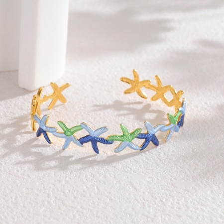 Picture of Wholesale Starfish Blue Painted 304 Stainless Steel Open Cuff Bangles Bracelets, 18K Gold Plated PVD Vacuum Plating, Women's Ocean Jewelry Stylish Gift Jewelry Supply, 5.9cm Dia., 1 Piece