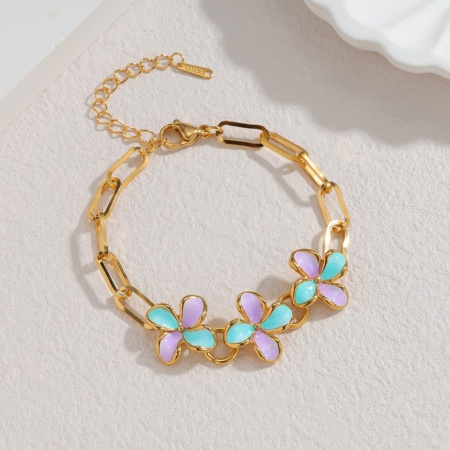 Picture of Wholesale Flower Multicolor 304 Stainless Steel Charm Bracelets, 18K Gold Plated PVD Vacuum Plating, Women's Boho Chic Bohemia Retro Gift Jewelry Supply, 18cm(7.1") long, 1 Piece