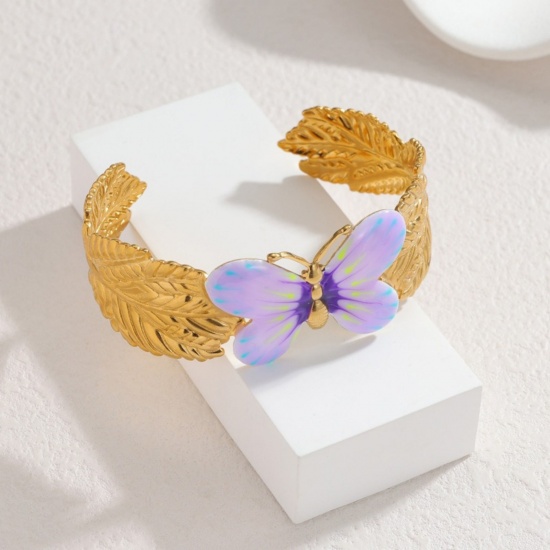 Picture of Wholesale Butterfly Animal Purple Enamel 304 Stainless Steel Open Cuff Bangles Bracelets, 18K Gold Plated PVD Vacuum Plating, Women's Insect Stylish Gift Jewelry Supply, 6.6cm Dia., 1 Piece