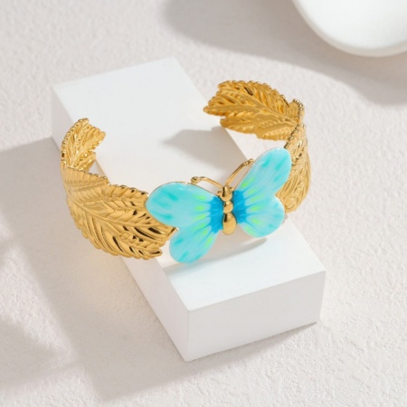 Picture of Wholesale Butterfly Animal Blue Enamel 304 Stainless Steel Open Cuff Bangles Bracelets, 18K Gold Plated PVD Vacuum Plating, Women's Insect Stylish Gift Jewelry Supply, 6.6cm Dia., 1 Piece