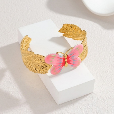 Picture of Wholesale Butterfly Animal Pink Enamel 304 Stainless Steel Open Cuff Bangles Bracelets, 18K Gold Plated PVD Vacuum Plating, Women's Insect Stylish Gift Jewelry Supply, 6.6cm Dia., 1 Piece
