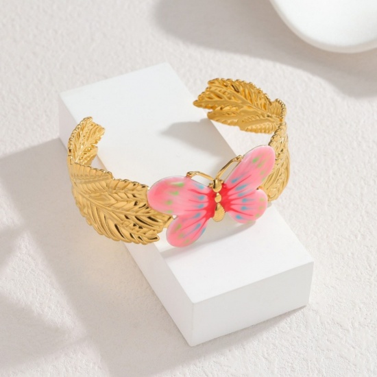 Picture of Wholesale Butterfly Animal Pink Enamel 304 Stainless Steel Open Cuff Bangles Bracelets, 18K Gold Plated PVD Vacuum Plating, Women's Insect Stylish Gift Jewelry Supply, 6.6cm Dia., 1 Piece