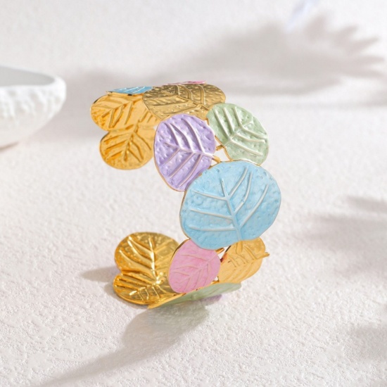 Picture of Wholesale Leaf Multicolor Painted 304 Stainless Steel Bangles Bracelets, 18K Gold Plated PVD Vacuum Plating, Women's Ins Style Stylish Gift Jewelry Supply, 5.6cm Dia., 1 Piece