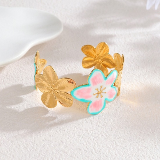 Picture of Wholesale Flower Pink Enamel 304 Stainless Steel Bangles Bracelets, 18K Gold Plated PVD Vacuum Plating, Women's Casual Stylish Gift Jewelry Supply, 5.8cm Dia., 1 Piece