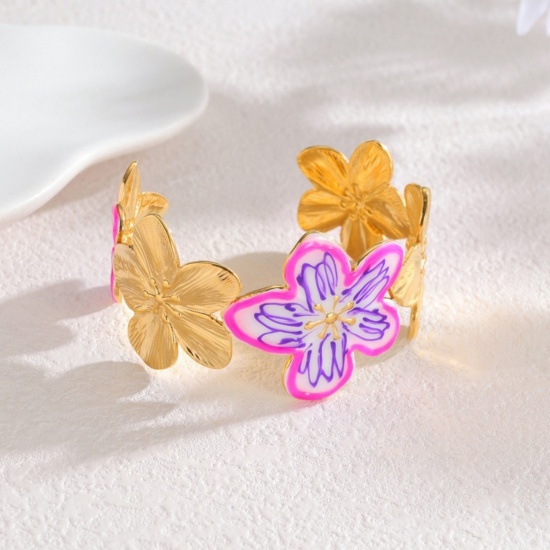 Picture of Wholesale Flower Purple Enamel 304 Stainless Steel Bangles Bracelets, 18K Gold Plated PVD Vacuum Plating, Women's Casual Stylish Gift Jewelry Supply, 5.8cm Dia., 1 Piece