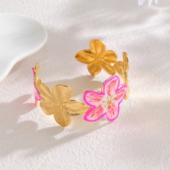 Picture of Wholesale Flower Red Enamel 304 Stainless Steel Bangles Bracelets, 18K Gold Plated PVD Vacuum Plating, Women's Casual Stylish Gift Jewelry Supply, 5.8cm Dia., 1 Piece