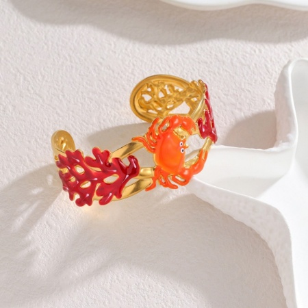 Picture of Wholesale Crab Animal Coralline Orange Enamel 304 Stainless Steel Bangles Bracelets, 18K Gold Plated PVD Vacuum Plating, Women's Ocean Jewelry Stylish Gift Jewelry Supply, 6.8cm Dia., 1 Piece