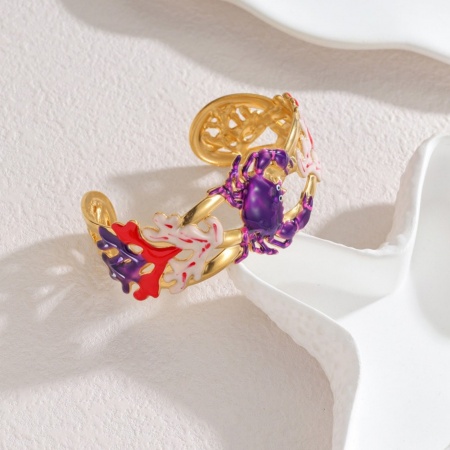 Picture of Wholesale Crab Animal Coralline Purple Enamel 304 Stainless Steel Bangles Bracelets, 18K Gold Plated PVD Vacuum Plating, Women's Ocean Jewelry Stylish Gift Jewelry Supply, 6.8cm Dia., 1 Piece