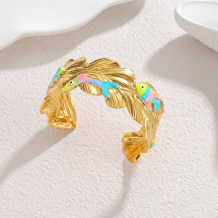 Picture of Wholesale Fish Multicolor Enamel 304 Stainless Steel Open Cuff Bangles Bracelets, 18K Gold Plated PVD Vacuum Plating, Women's Ocean Jewelry Stylish Gift Jewelry Supply, 6.2cm Dia., 1 Piece