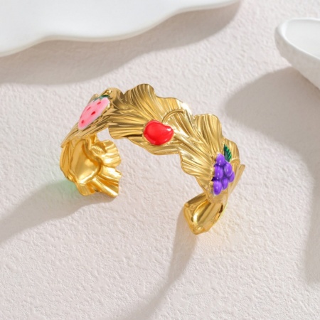 Picture of Wholesale Fruit Multicolor Enamel 304 Stainless Steel Open Cuff Bangles Bracelets, 18K Gold Plated PVD Vacuum Plating, Women's Ins Style Stylish Gift Jewelry Supply, 6.2cm Dia., 1 Piece