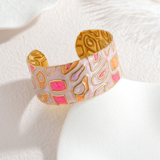 Picture of Wholesale Fuchsia Enamel 304 Stainless Steel Bangles Bracelets, 18K Gold Plated PVD Vacuum Plating, Women's Exquisite Stylish Gift Jewelry Supply, 5.9cm Dia., 1 Piece