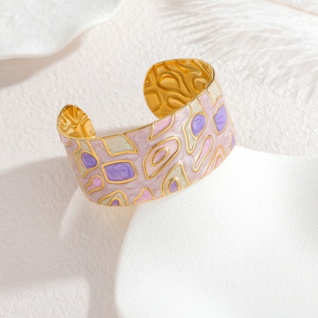 Picture of Wholesale Purple Enamel 304 Stainless Steel Bangles Bracelets, 18K Gold Plated PVD Vacuum Plating, Women's Exquisite Stylish Gift Jewelry Supply, 5.9cm Dia., 1 Piece