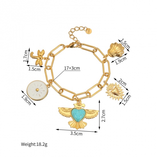Picture of Wholesale Dragonfly Animal 304 Stainless Steel Charm Bracelets, 18K Gold Plated PVD Vacuum Plating, Women's Style Of Royal Court Character Bohemia Boho Gift Jewelry Supply, 17cm(6.7") long, 1 Piece