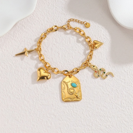 Picture of Wholesale Heart 304 Stainless Steel Charm Bracelets, 18K Gold Plated PVD Vacuum Plating, Women's Style Of Royal Court Character Bohemia Boho Gift Jewelry Supply, 17cm(6.7") long, 1 Piece