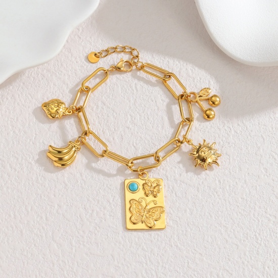 Picture of Wholesale Dolphin Animal 304 Stainless Steel Charm Bracelets, 18K Gold Plated PVD Vacuum Plating, Women's Style Of Royal Court Character Bohemia Boho Gift Jewelry Supply, 17cm(6.7") long, 1 Piece